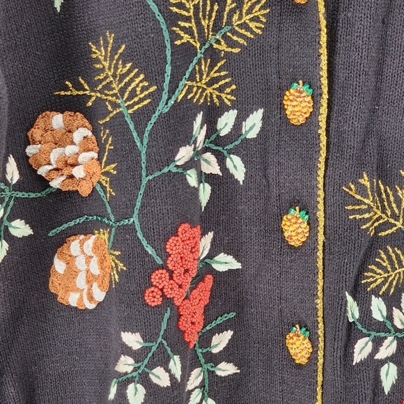 Storybook Knits Vintage Women's Embroidered Fur Coat Pinecone Sweater Cardigan - Picture 4 of 7